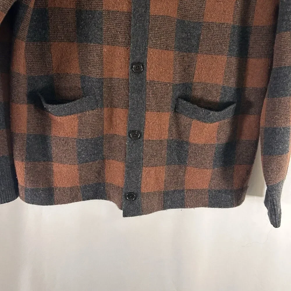J. Crew Merino Wool Blend Cardigan Men's Large Brown Plaid Button Up Pockets
